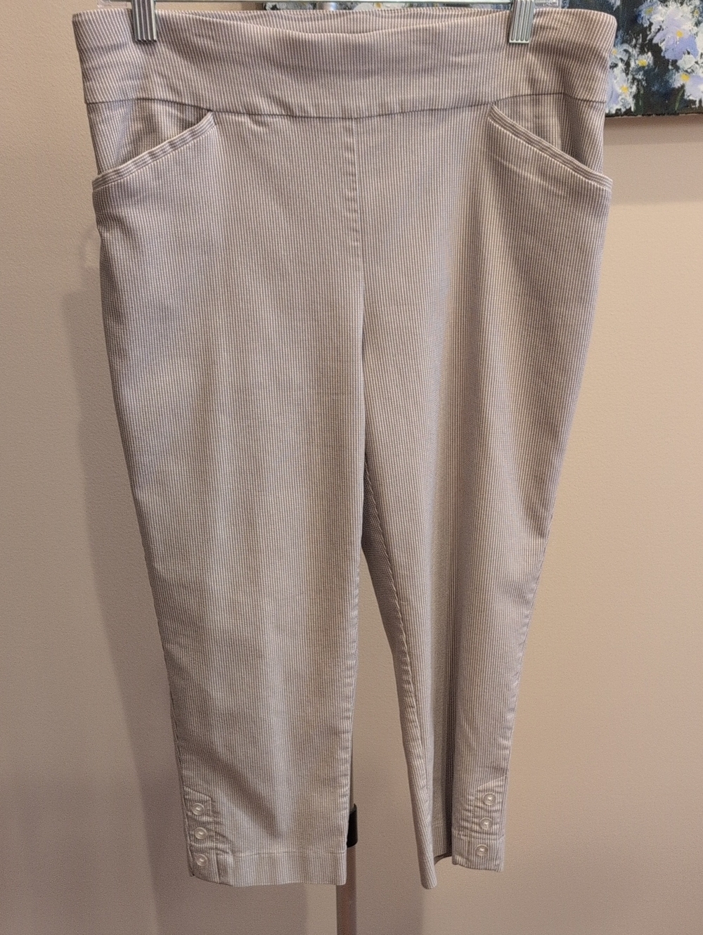 Chico's Taupe Pinstripe Perfect Stretch Capri Pants